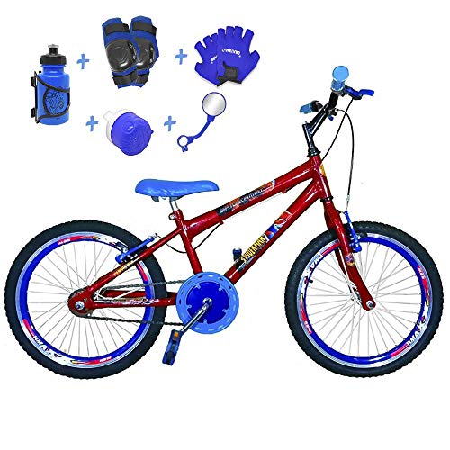Bicicleta Infantil Aro 20 Vermelha Kit e Roda Aero Azul C/Acessórios e Kit Proteção