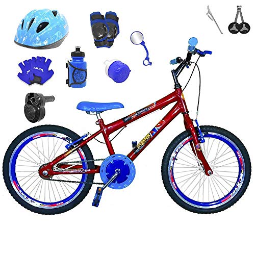 Bicicleta Infantil Aro 20 Vermelha Kit e Roda Aero Azul C/Capacete, Kit Proteção e Acelerador