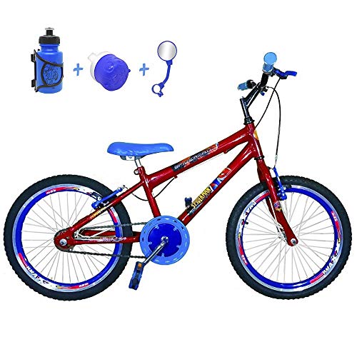 Bicicleta Infantil Aro 20 Vermelha Kit e Roda Aero Azul com Acessórios