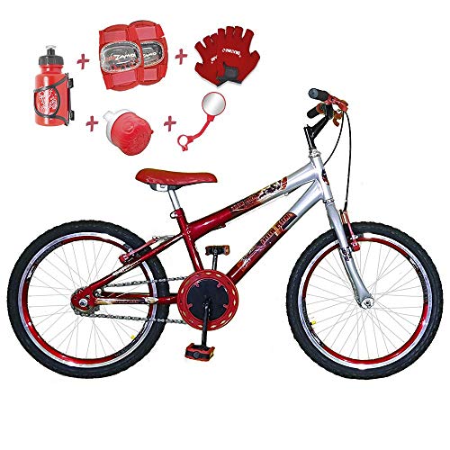 Bicicleta Infantil Aro 20 Vermelha Prata Kit e Roda Aero Vermelha C/Acessórios e Kit Proteção