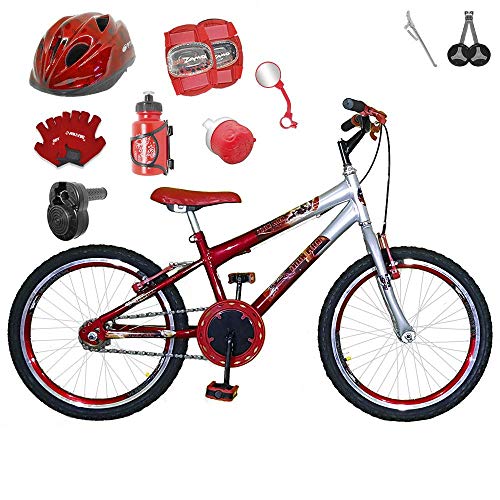 Bicicleta Infantil Aro 20 Vermelha Prata Kit e Roda Aero Vermelha C/Capacete, Kit Proteção e Acelerador