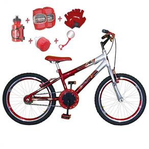 Bicicleta Infantil Aro 20 Vermelha Prata Kit e Roda Aero Vermelha com Acessórios e Kit Proteção