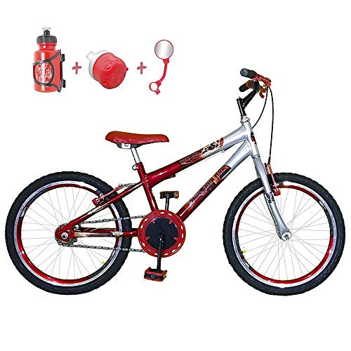 Bicicleta Infantil Aro 20 Vermelha Prata Kit e Roda Aero Vermelha com Acessórios