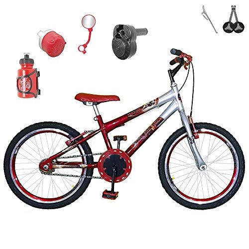 Bicicleta Infantil Aro 20 Vermelha Prata Kit e Roda Aero Vermelho C/Acelerador Sonoro