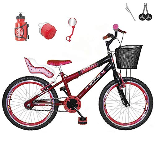 Bicicleta Infantil Aro 20 Vermelha Preta Kit e Roda Aero Vermelha com Cadeirinha