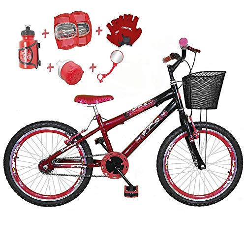 Bicicleta Infantil Aro 20 Vermelha Preta Kit e Roda Aero Vermelho C/Acessórios e Kit Proteção