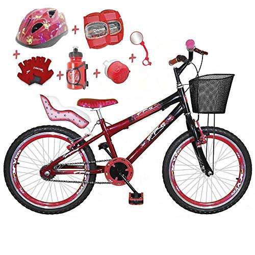 Bicicleta Infantil Aro 20 Vermelha Preta Kit e Roda Aero Vermelho C/Cadeirinha de Boneca Completa
