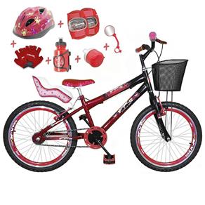 Bicicleta Infantil Aro 20 Vermelha Preta Kit e Roda Aero Vermelho com Cadeirinha de Boneca Completa