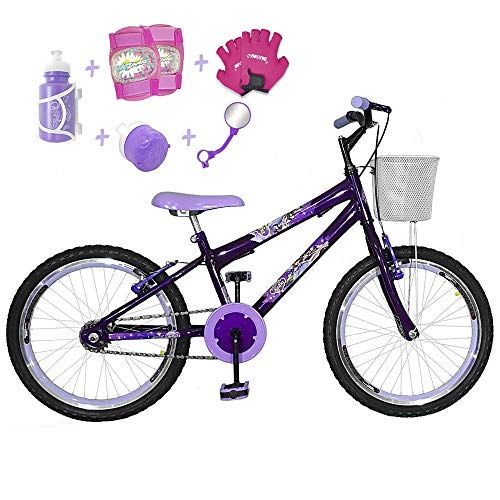 Bicicleta Infantil Aro 20 Violeta Kit e Roda Aero Lilás C/Acessórios e Kit Proteção