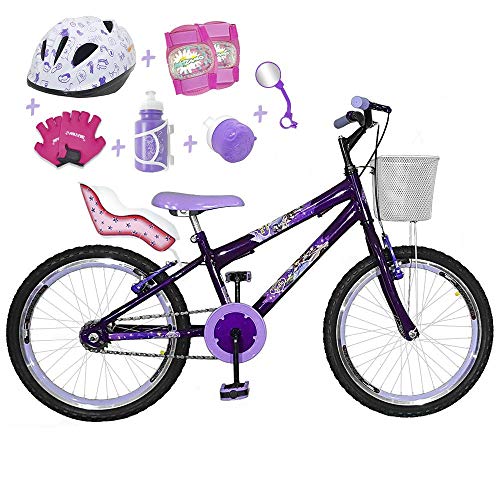 Bicicleta Infantil Aro 20 Violeta Kit e Roda Aero Lilás C/Cadeirinha de Boneca Completa