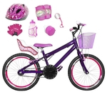 Bicicleta Infantil Aro 20 Violeta Kit E Roda Aero Pink C/ Cadeirinha de Boneca Completa