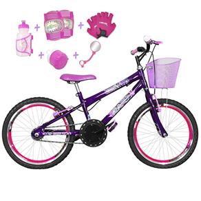 Bicicleta Infantil Aro 20 Violeta Kit e Roda Aero Pink com Acessórios e Kit Proteção