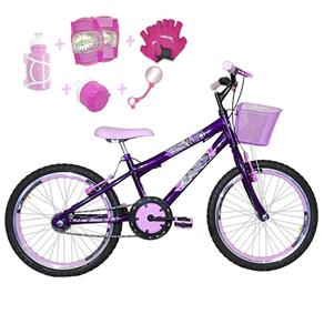 Bicicleta Infantil Aro 20 Violeta Kit e Roda Aero Rosa Bebê com Acessórios e Kit Proteção