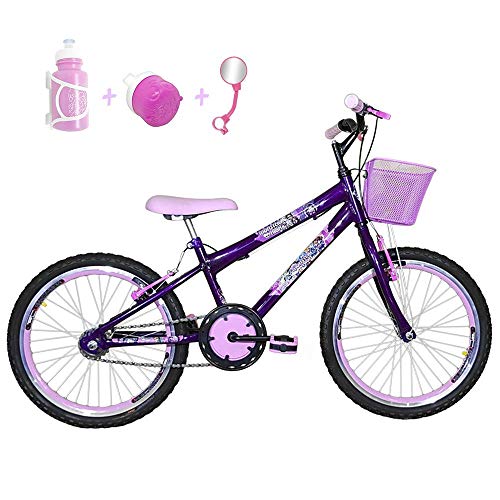 Bicicleta Infantil Aro 20 Violeta Kit e Roda Aero Rosa Bebê com Acessórios