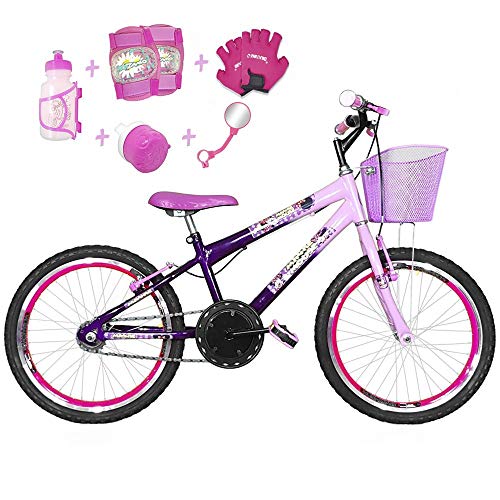 Bicicleta Infantil Aro 20 Violeta Rosa Bebê Kit e Roda Aero Pink C/Acessórios e Kit Proteção