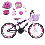 Bicicleta Infantil Aro 20 Violeta Rosa Bebê Kit E Roda Aero Pink C/ Capacete E Kit Proteção