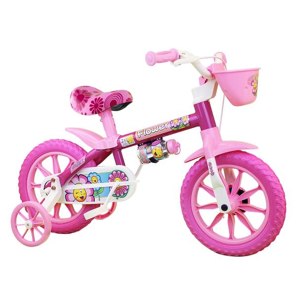 Bicicleta Infantil Aro 12 Nathor Flower PU com Cesta e Garrafa Rosa