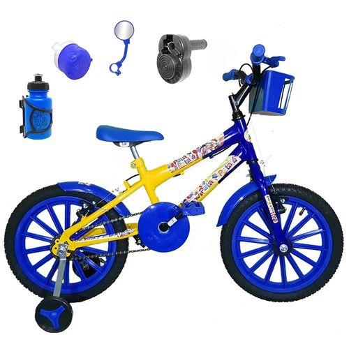 Bicicleta Infantil Aro 16 Amarela Azul Kit Azul C/ Acelerador Sonoro