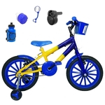 Bicicleta Infantil Aro 16 Amarela Azul Kit Azul C/ Acelerador Sonoro