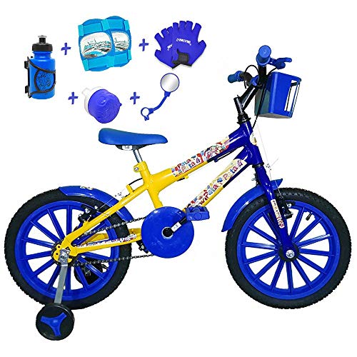 Bicicleta Infantil Aro 16 Amarela Azul Kit Azul C/Acessórios e Kit Proteção