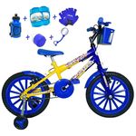 Bicicleta Infantil Aro 16 Amarela Azul Kit Azul C/ Acessórios e Kit Proteção