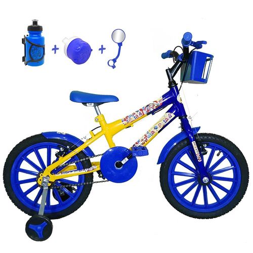 Bicicleta Infantil Aro 16 Amarela Azul Kit Azul C/ Acessórios