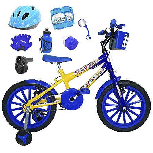 Bicicleta Infantil Aro 16 Amarela Azul Kit Azul C/Capacete, Kit Proteção e Acelerador