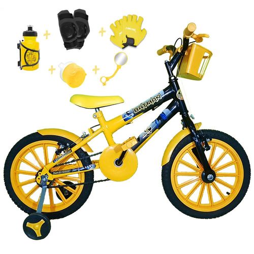 Bicicleta Infantil Aro 16 Amarelo Preto Kit Amarelo C/ Acessórios e Kit Proteção