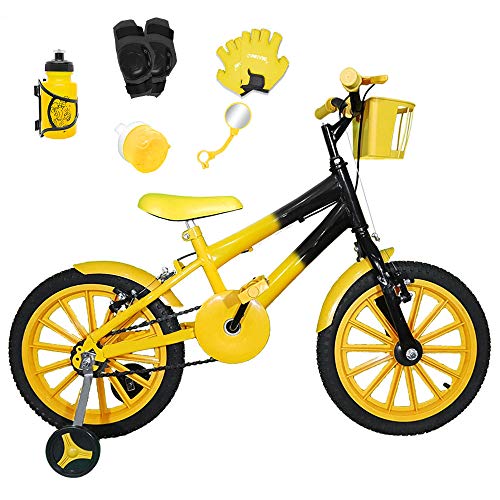 Bicicleta Infantil Aro 16 Amarelo Preto Kit Amarelo C/Acessórios e Kit Proteção