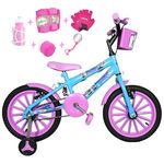 Bicicleta Infantil Aro 16 Azul Claro Kit Rosa Bebê C/ Acessórios e Kit Proteção