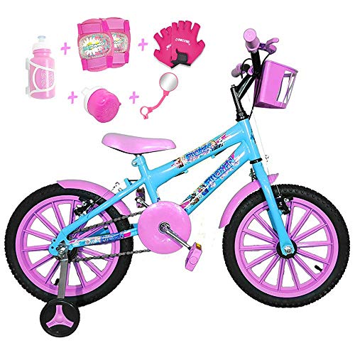 Bicicleta Infantil Aro 16 Azul Claro Kit Rosa Bebê C/Acessórios e Kit Proteção