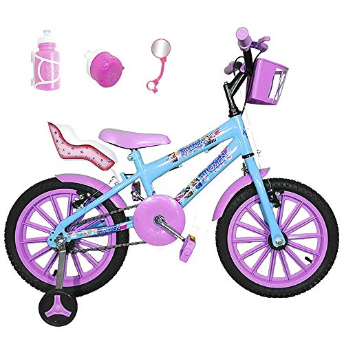 Bicicleta Infantil Aro 16 Azul Claro Kit Rosa Bebê C/Cadeirinha para Boneca