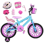 Bicicleta Infantil Aro 16 Azul Claro Kit Rosa Bebê C/ Capacete, Kit Proteção E Cadeirinha
