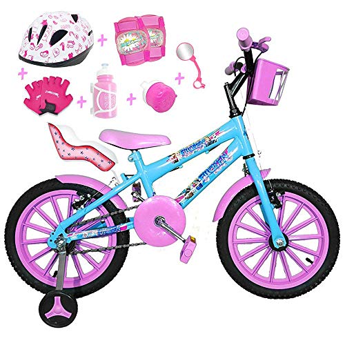 Bicicleta Infantil Aro 16 Azul Claro Kit Rosa Bebê C/Capacete, Kit Proteção e Cadeirinha