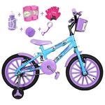 Bicicleta Infantil Aro 16 Azul Claro Kit Roxo C/ Acessórios e Kit Proteção