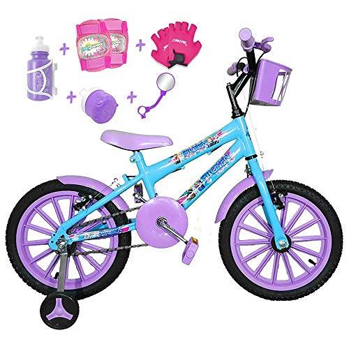 Bicicleta Infantil Aro 16 Azul Claro Kit Roxo C/Acessórios e Kit Proteção
