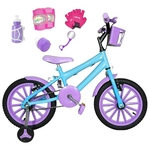 Bicicleta Infantil Aro 16 Azul Claro Kit Roxo C/ Acessórios E Kit Proteção