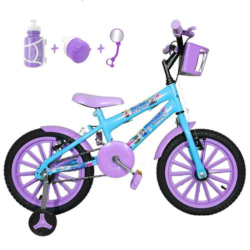 Bicicleta Infantil Aro 16 Azul Claro Kit Roxo C/ Acessórios