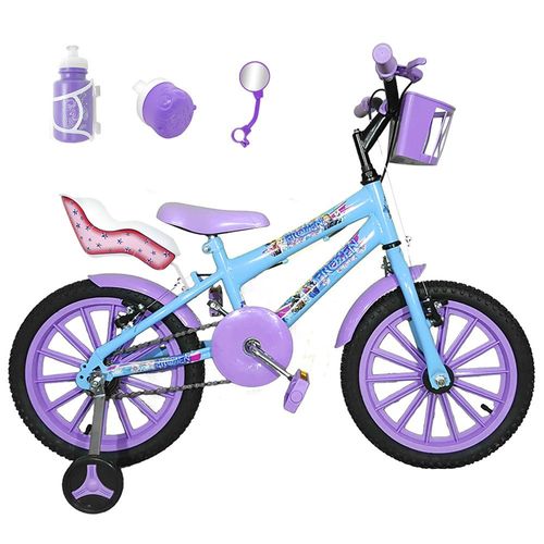 Bicicleta Infantil Aro 16 Azul Claro Kit Roxo C/ Cadeirinha para Boneca