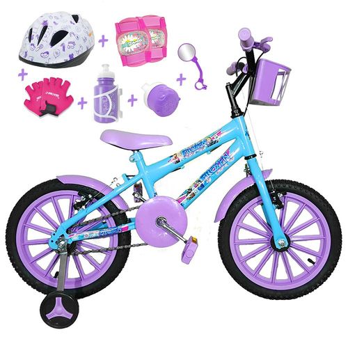 Bicicleta Infantil Aro 16 Azul Claro Kit Roxo C/ Capacete e Kit Proteção