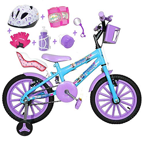 Bicicleta Infantil Aro 16 Azul Claro Kit Roxo C/Capacete, Kit Proteção e Cadeirinha