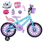 Bicicleta Infantil Aro 16 Azul Claro Kit Roxo C/ Capacete, Kit Proteção E Cadeirinha