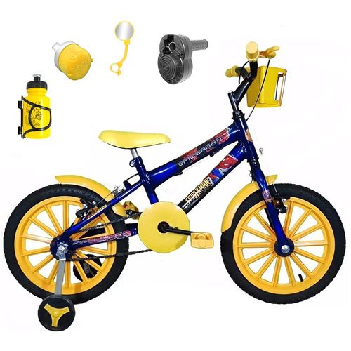 Bicicleta Infantil Aro 16 Azul Kit Amarelo C/ Acelerador Sonoro