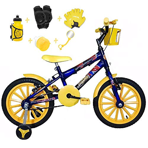 Bicicleta Infantil Aro 16 Azul Kit Amarelo C/Acessórios e Kit Proteção