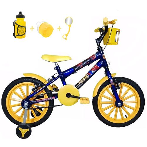 Bicicleta Infantil Aro 16 Azul Kit Amarelo C/ Acessórios