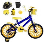 Bicicleta Infantil Aro 16 Azul Kit Amarelo C/ Capacete e Kit Proteção