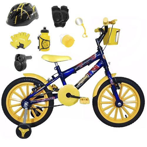 Bicicleta Infantil Aro 16 Azul Kit Amarelo C/ Capacete, Kit Proteção e Acelerador