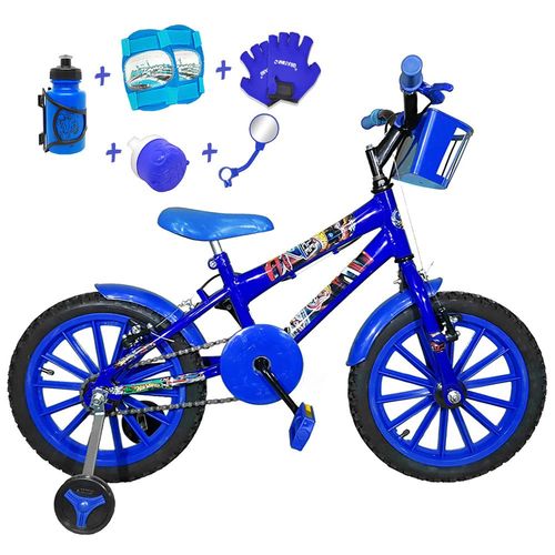 Bicicleta Infantil Aro 16 Azul Kit Azul C/ Acessórios e Kit Proteção