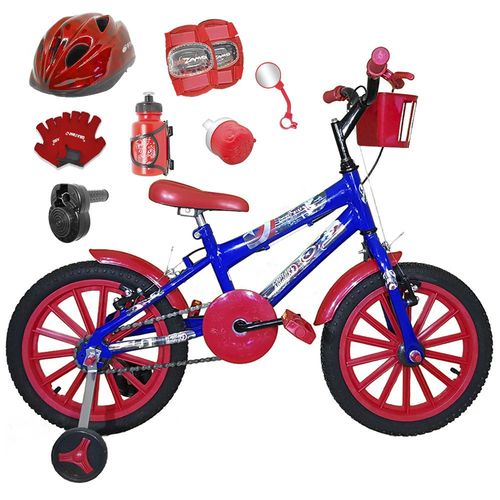 Bicicleta Infantil Aro 16 Azul Kit Vermelho C/ Capacete, Kit Proteção e Acelerador