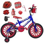 Bicicleta Infantil Aro 16 Azul Kit Vermelho C/ Capacete, Kit Proteção e Acelerador